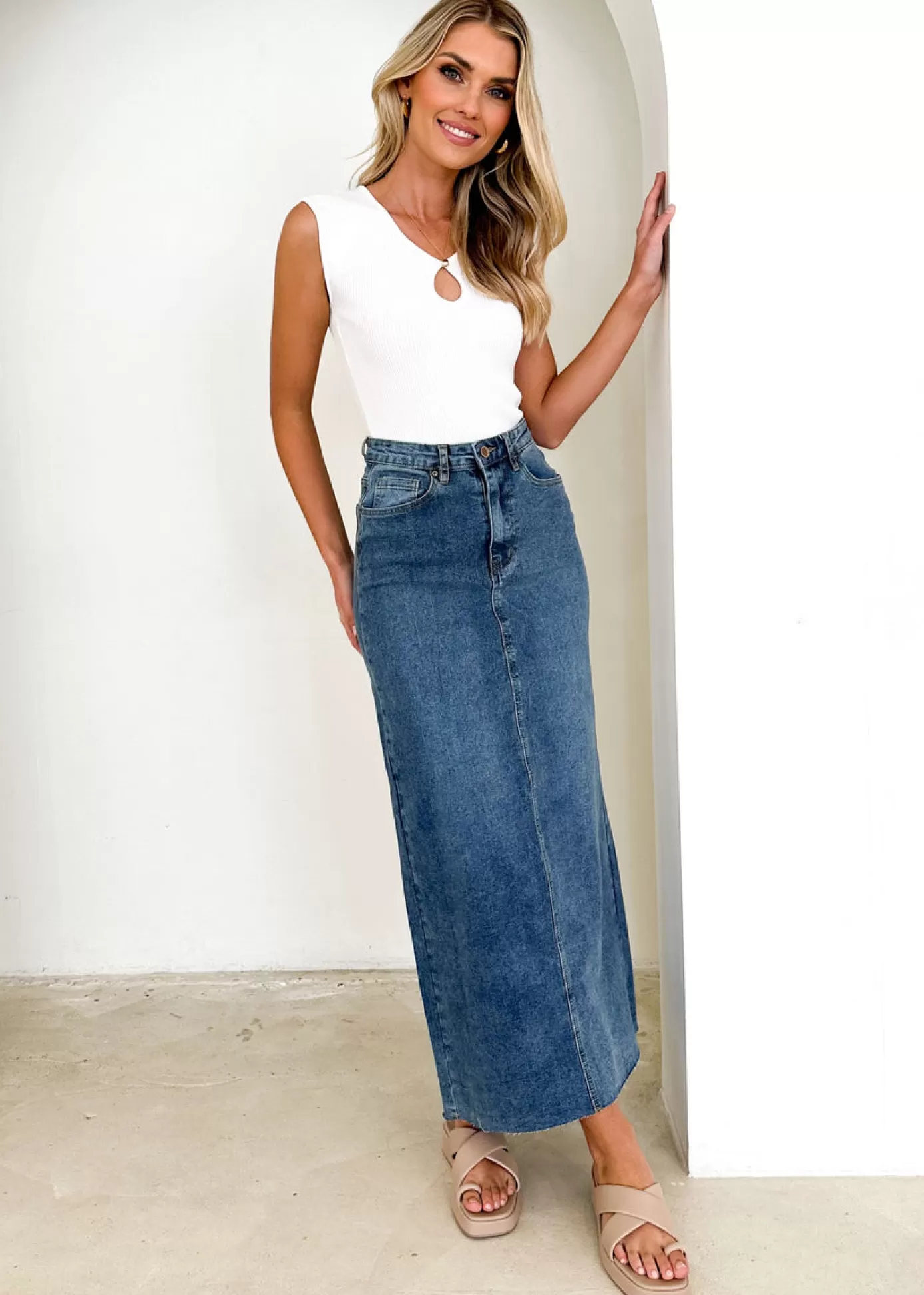 Flash Sale Amellia Stretch Denim Midi Skirt Women Skirts