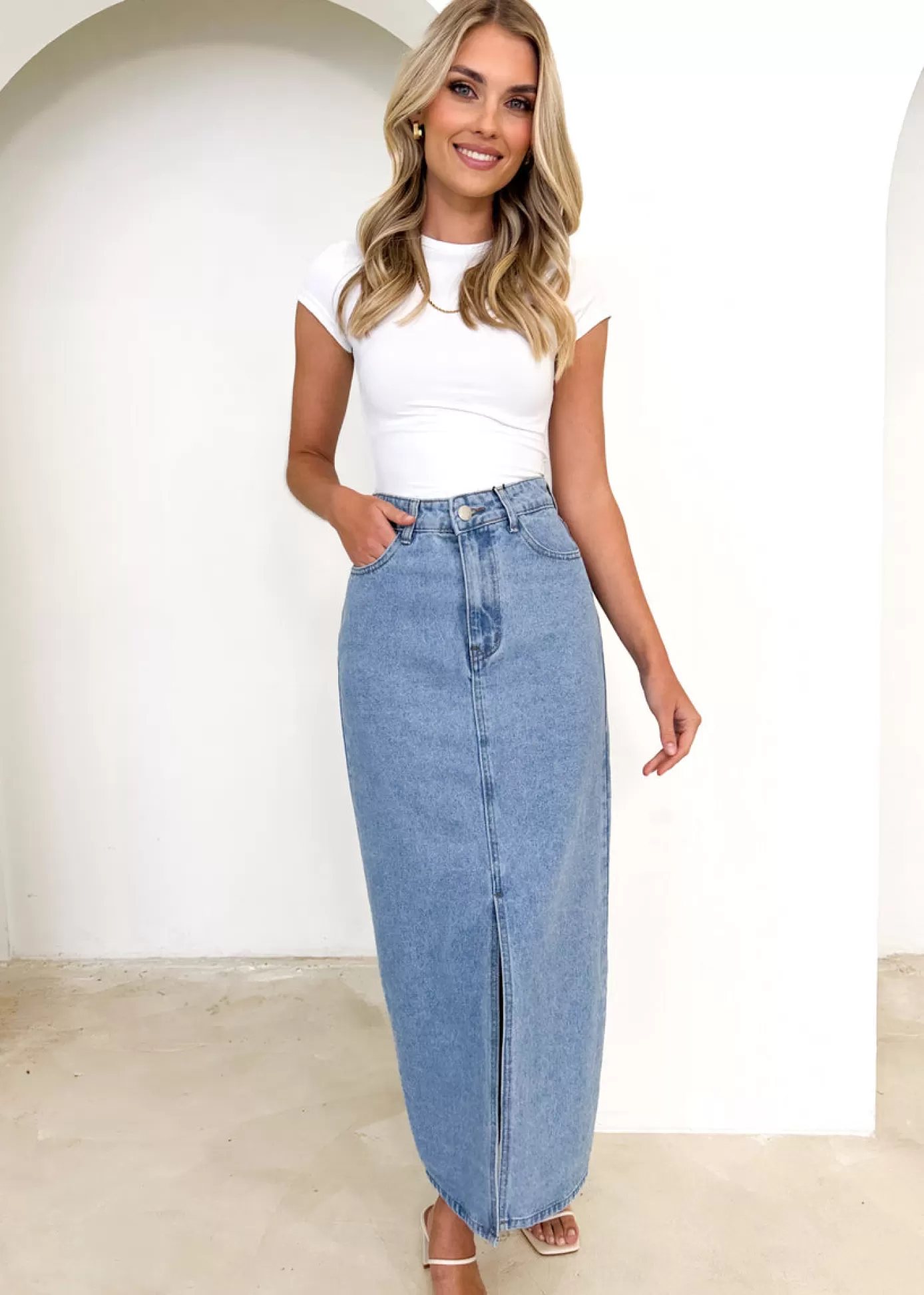 Sale Knoxxy Denim Midi Skirt Women Skirts