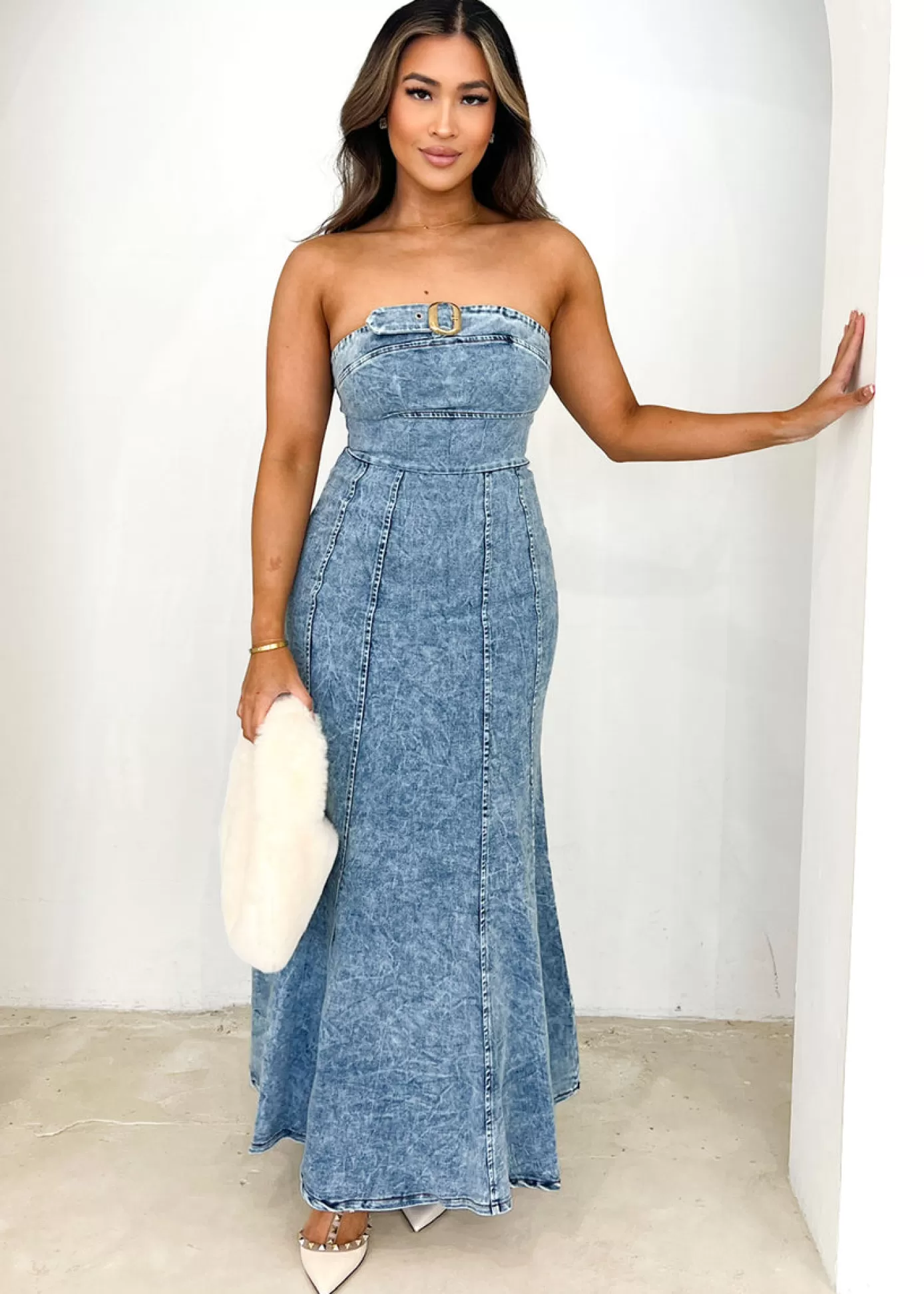 Shop Laili Strapless Denim Maxi Dress Women Maxi