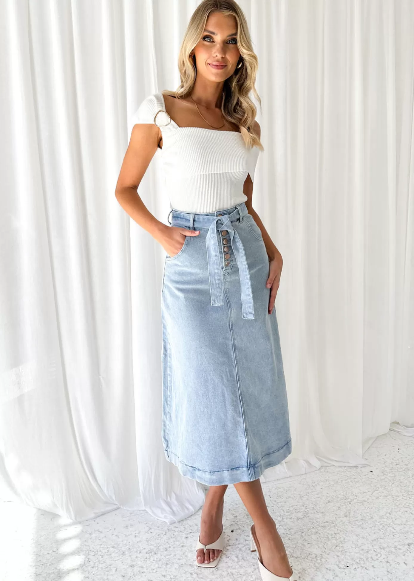 Sale Ramsie Stretch Denim Midi Skirt Women Skirts