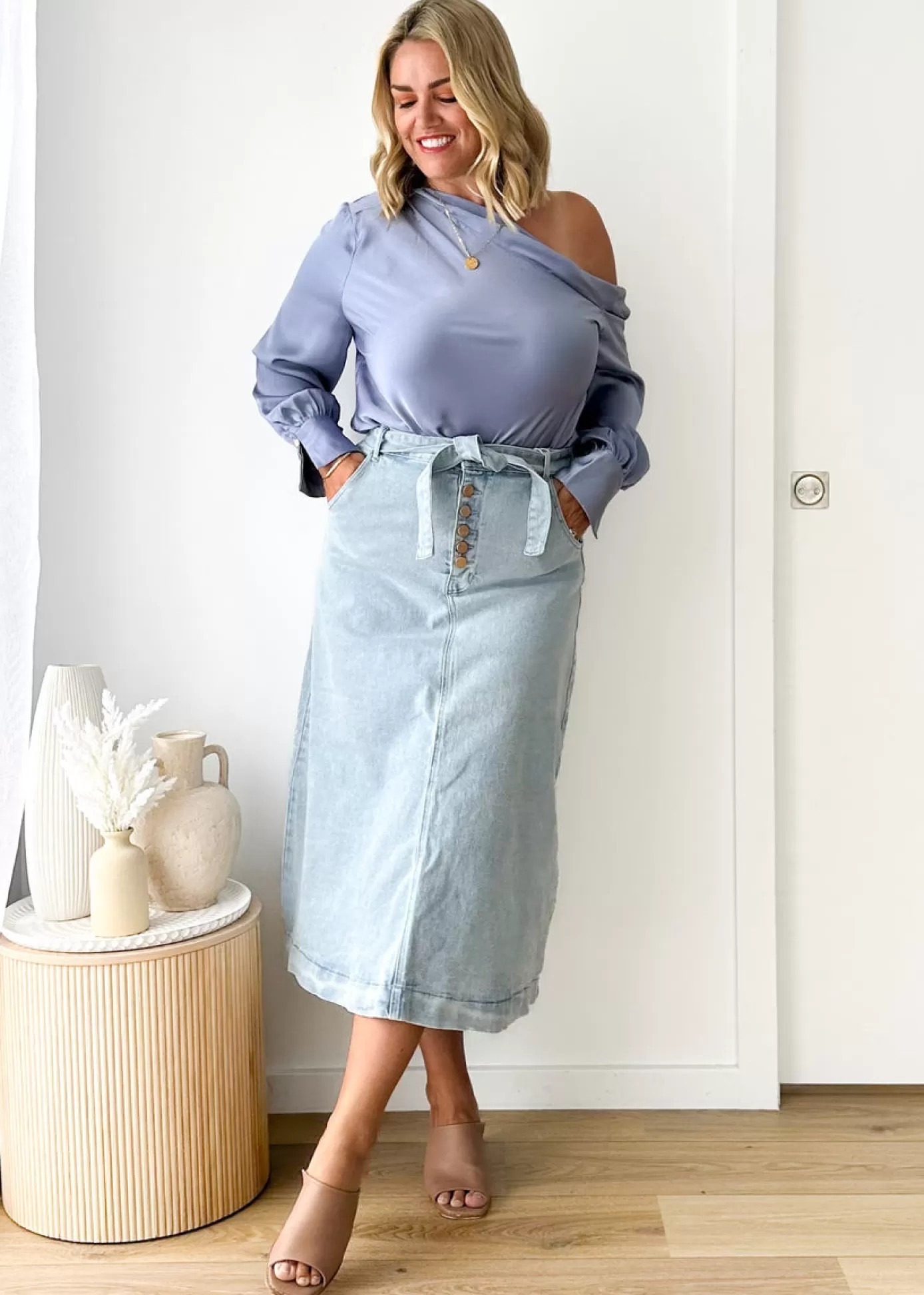 Sale Ramsie Stretch Denim Midi Skirt Women Skirts